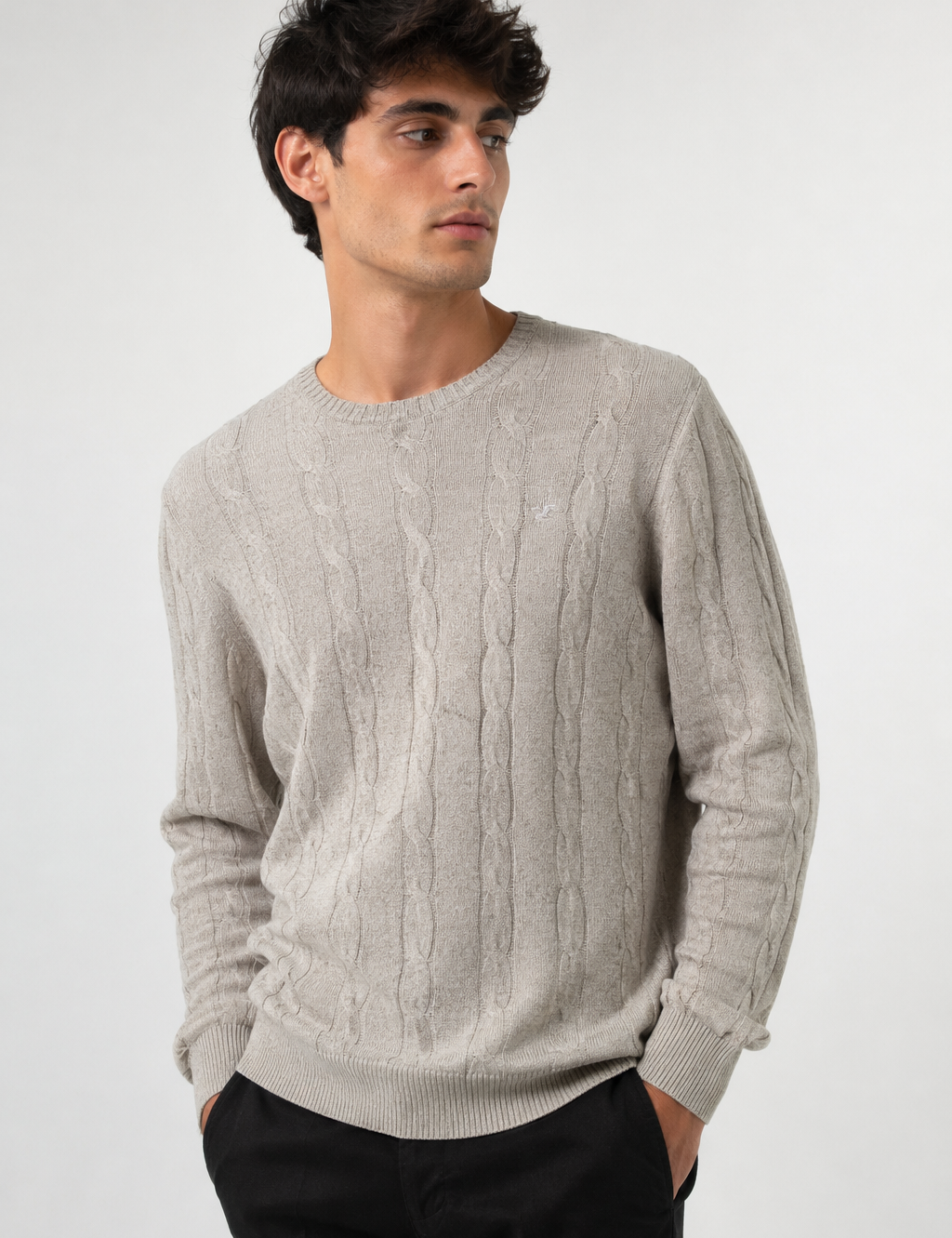  HOLLISTER Men's Cable Knit Jumper in beige, UK Size L. Stylish textured crew neck sweater with long sleeves, perfect for casual and winter outfits.