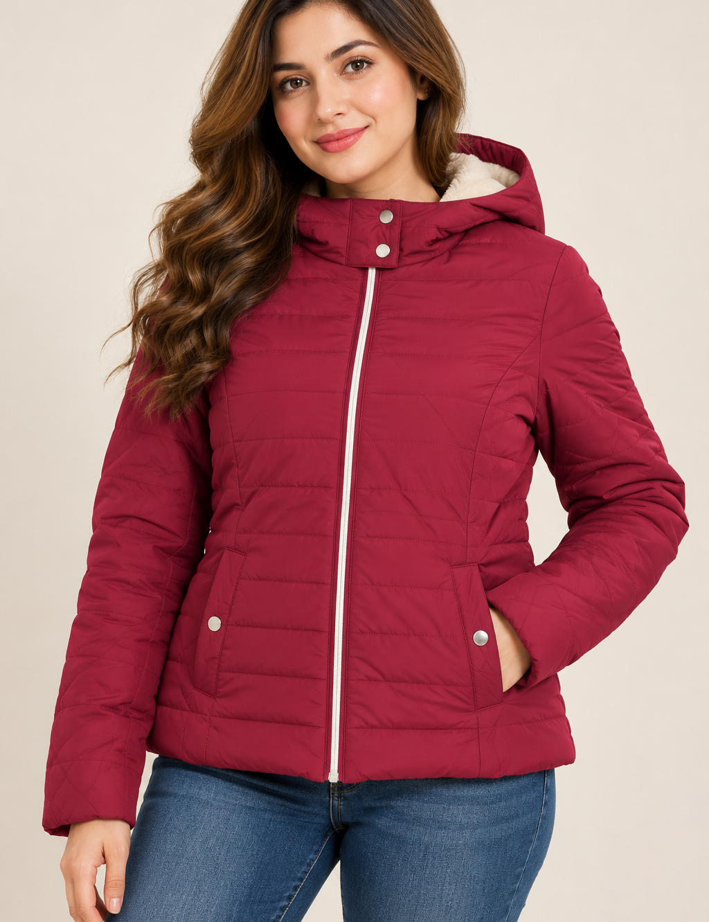  Hollister Women’s Burgundy Hooded Puffer Jacket in UK Size M. A stylish quilted winter coat with cosy hood, zip fastening and practical pockets.