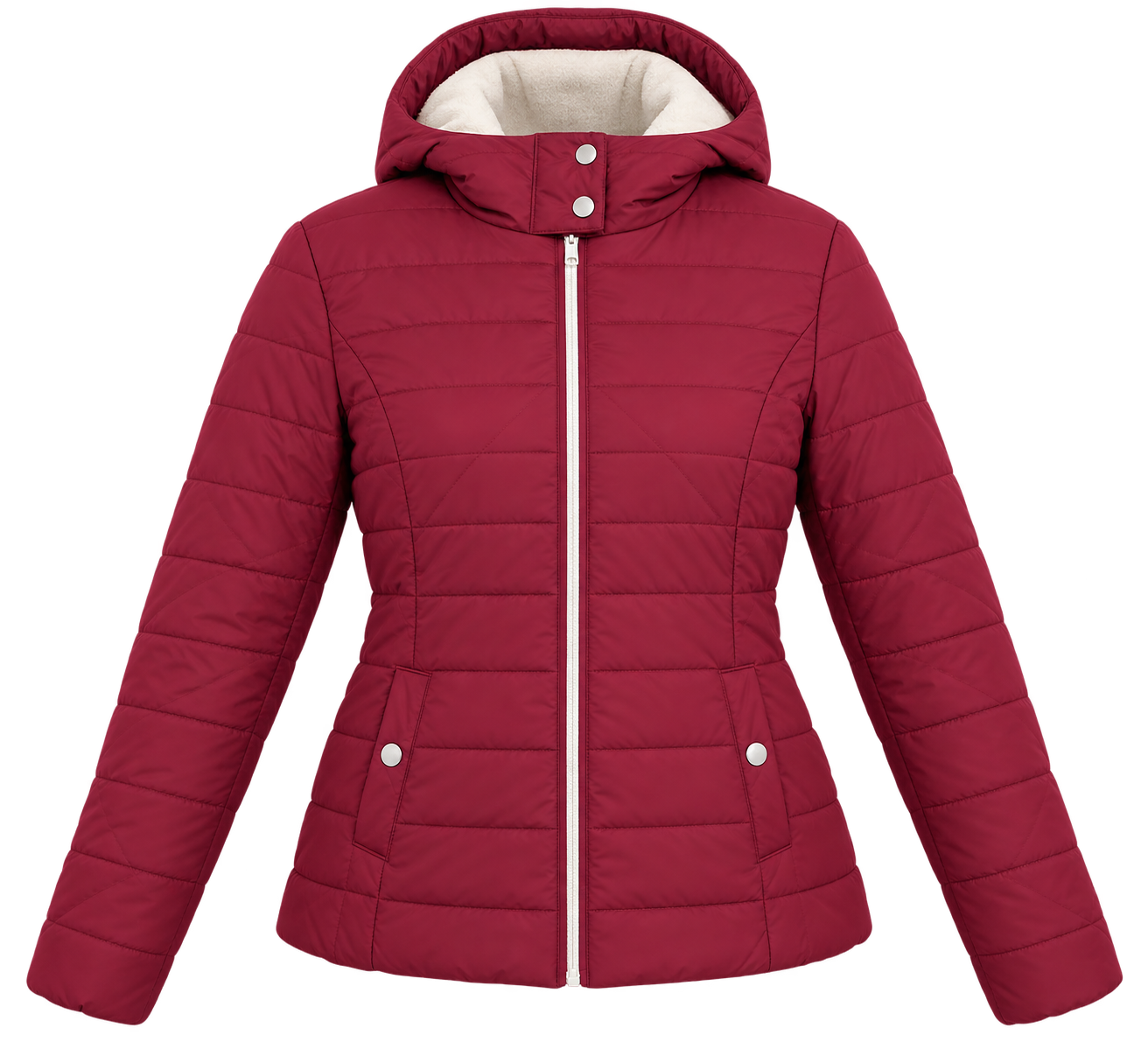  Hollister Women’s Burgundy Hooded Puffer Jacket in UK Size M. A stylish quilted winter coat with cosy hood, zip fastening and practical pockets.
