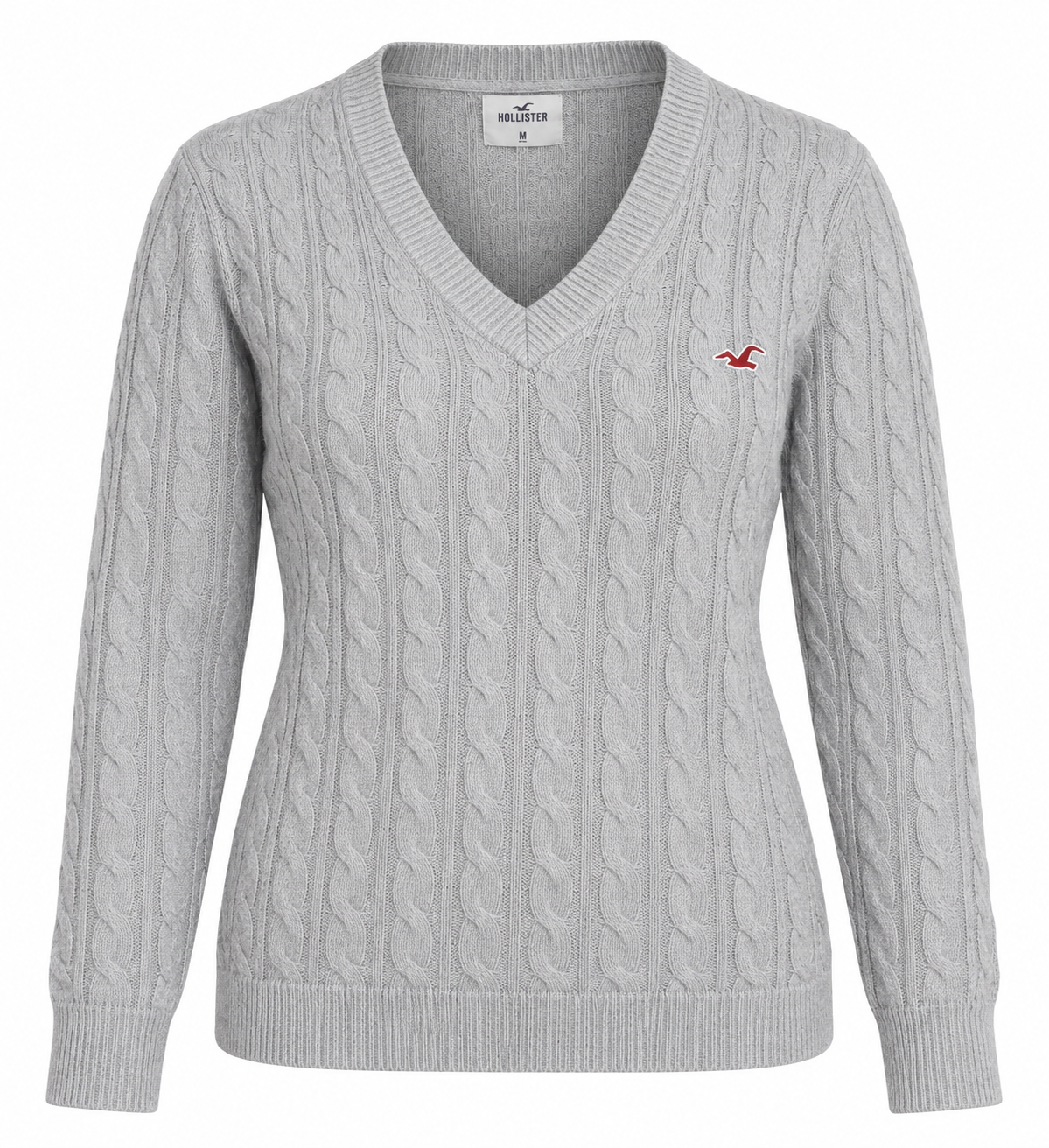 HOLLISTER women’s grey cable knit V-neck sweater in UK Size M. A stylish long-sleeve knit with classic detailing for everyday winter wear.