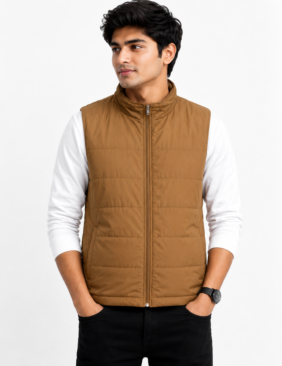  HOLMEWOOD Men's Brown Quilted Jacket featuring lightweight insulation, a full zip closure, stand-up collar, and a comfortable regular fit. Perfect for casual wear, outdoor adventures, travel, and winter layering.
