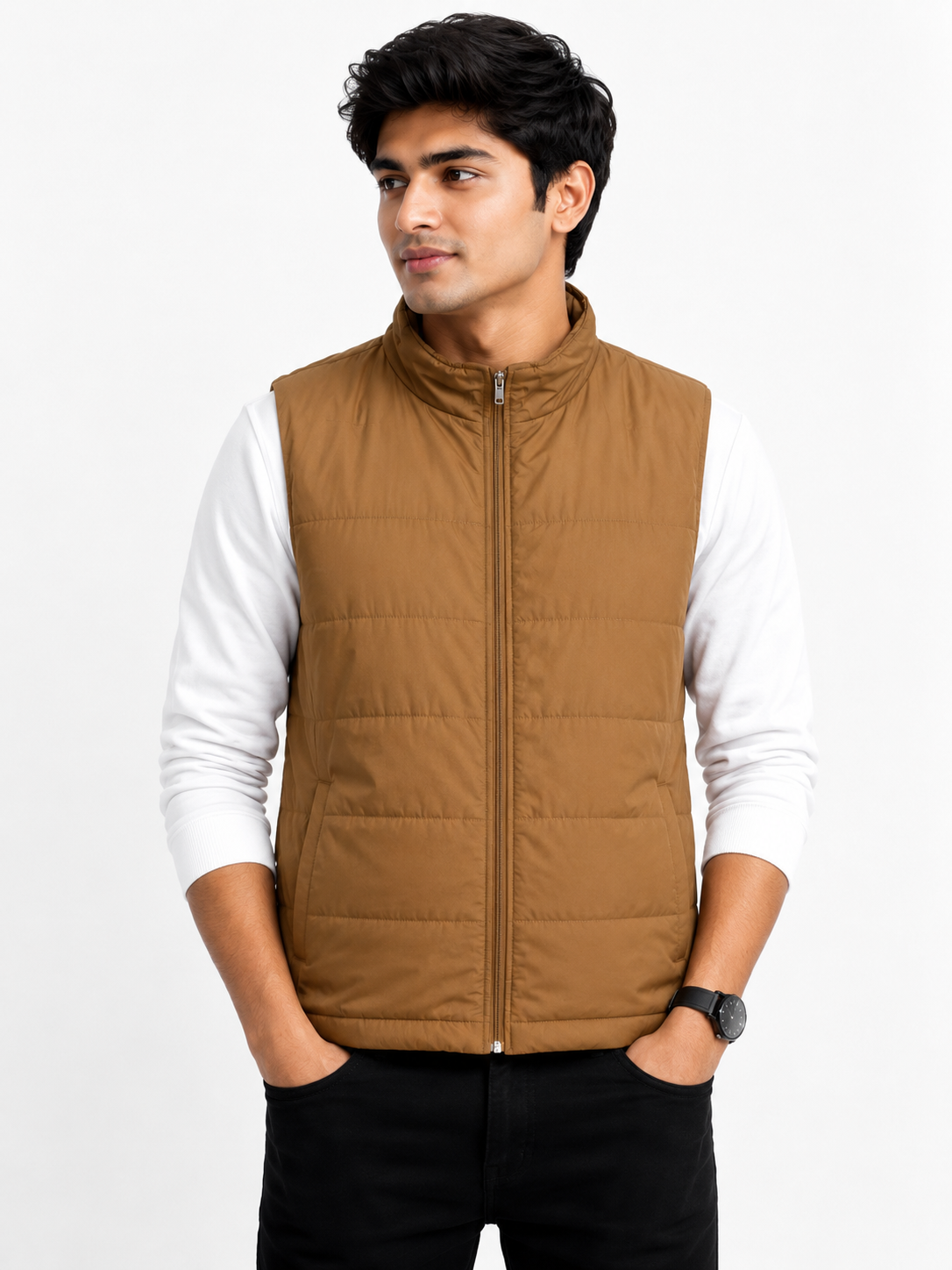  HOLMEWOOD Men's Brown Quilted Jacket featuring lightweight insulation, a full zip closure, stand-up collar, and a comfortable regular fit. Perfect for casual wear, outdoor adventures, travel, and winter layering.