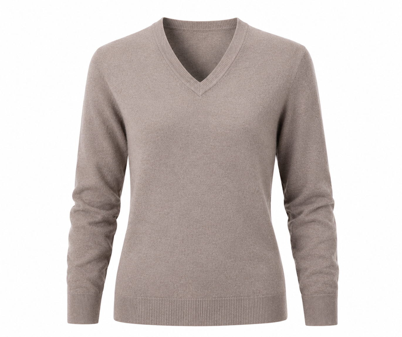  House of Edinburgh Girls’ V-Neck Knit Sweater in taupe beige, UK Size S. Stylish long-sleeve knitted jumper with ribbed details, perfect for school and everyday wear.