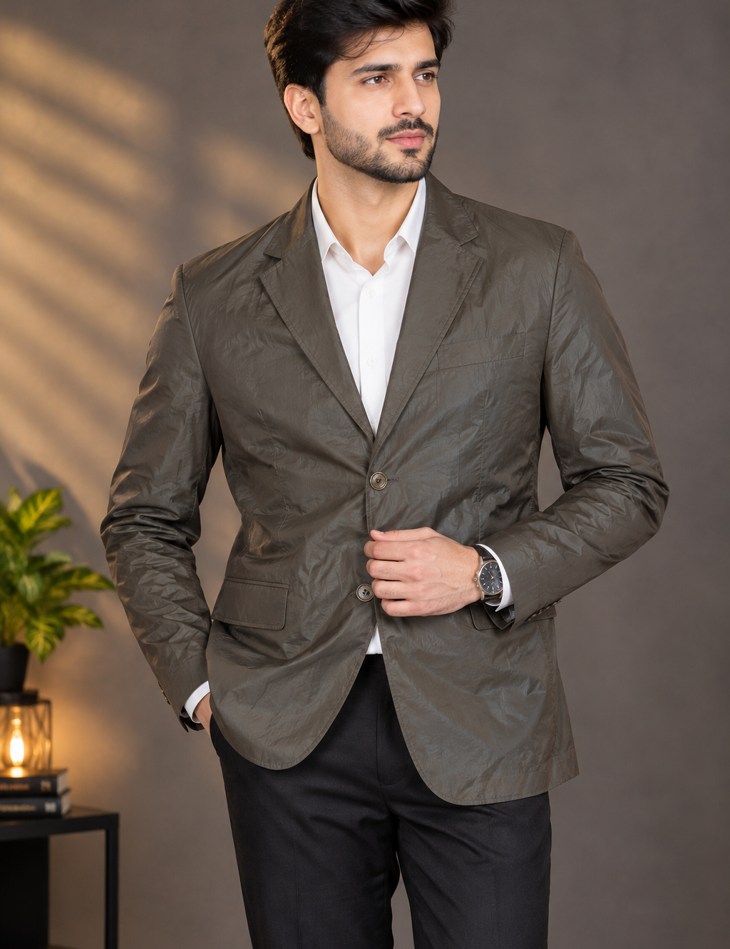 BOSS men's taupe grey tailored blazer in UK size XL. Classic button-front design with notched lapels and multiple pockets, ideal for formal and smart-casual wear.