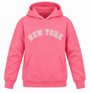  Hunters kids pink New York hoodie in UK size 9–11 years. Stylish 4-star customer-return hoodie with hood, kangaroo pocket and graphic design.