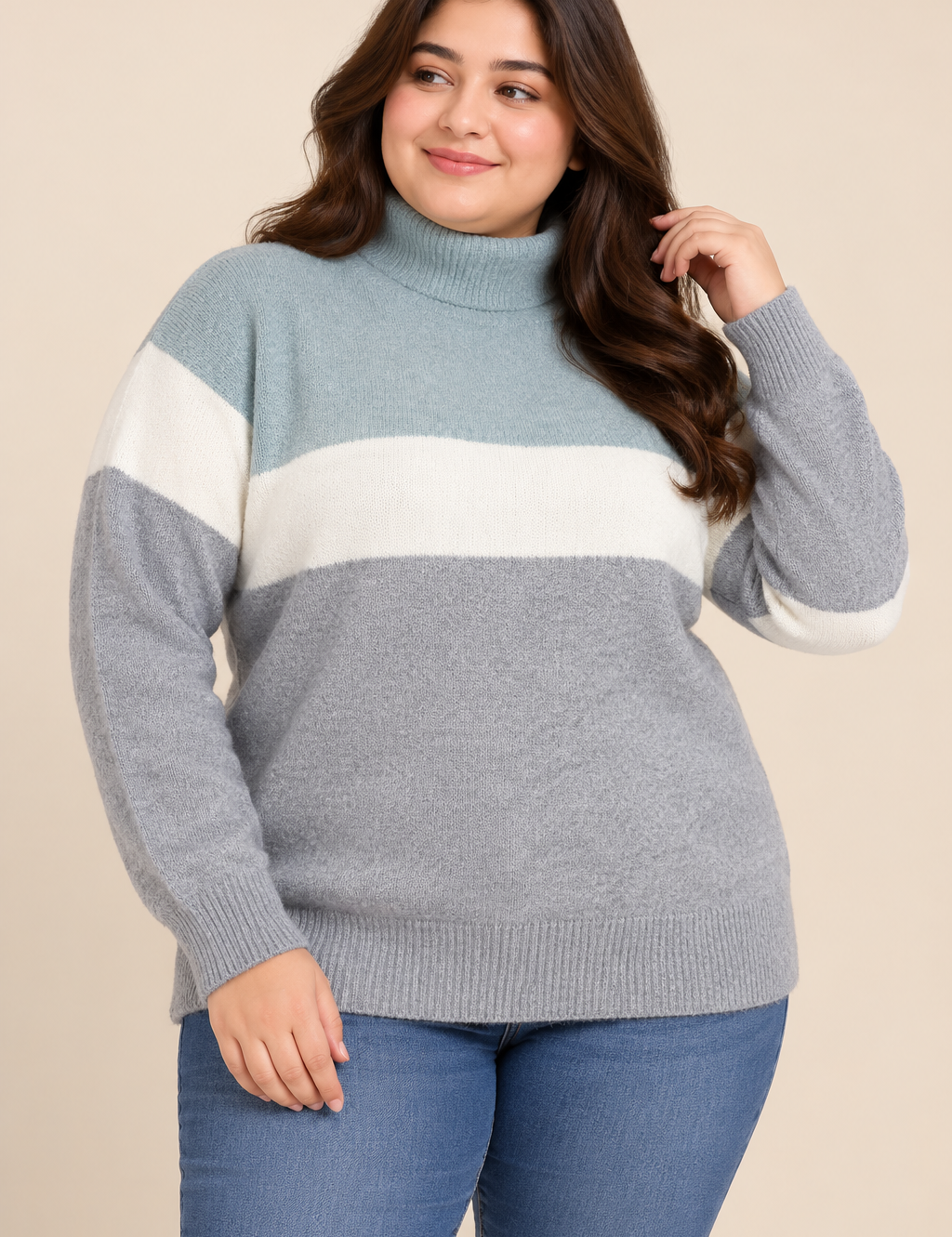 HUSH women’s colour block roll neck jumper in UK Size L. Cosy grey, cream and light blue knit, ideal for stylish autumn and winter wear.