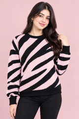 I SAW IT FIRST Women Pink & Black Zebra Stripe Knit Sweater