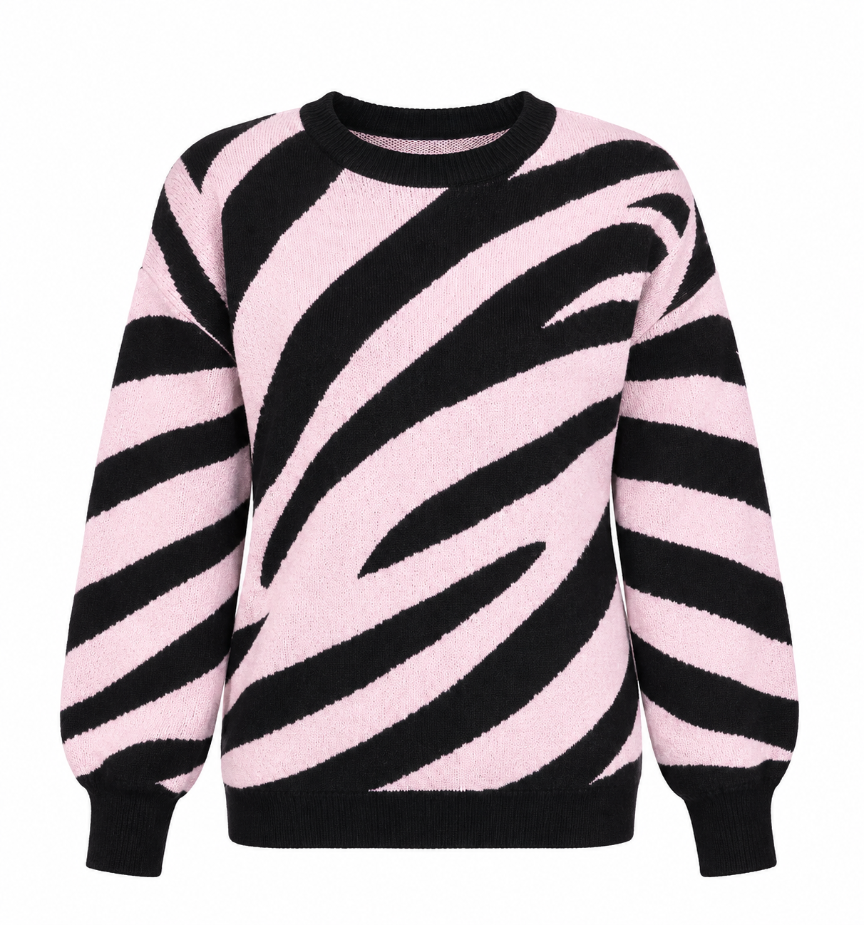 the I SAW IT FIRST women’s pink and black zebra stripe knit sweater, UK size M. Stylish crew neck design with a relaxed fit, perfect for casual everyday outfits.