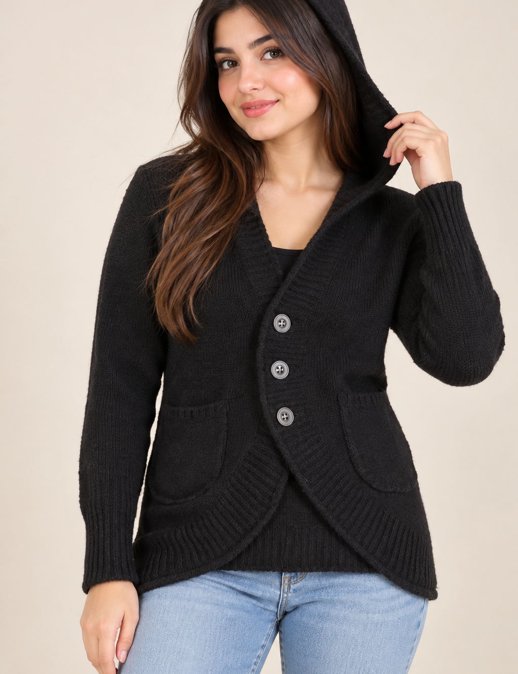 ICHI Women’s Black Hooded Knit Cardigan in UK Size M. Cosy button-front design with long sleeves, hood, ribbed detailing and front pockets.