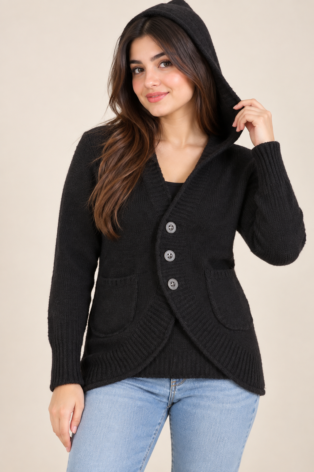 ICHI Women’s Black Hooded Knit Cardigan in UK Size M. Cosy button-front design with long sleeves, hood, ribbed detailing and front pockets.