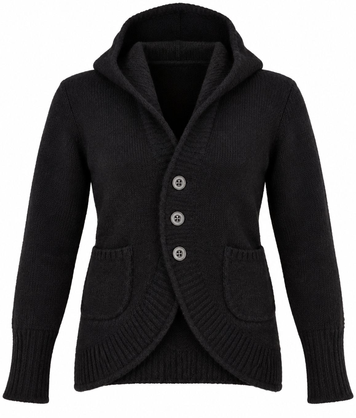 ICHI Women’s Black Hooded Knit Cardigan in UK Size M. Cosy button-front design with long sleeves, hood, ribbed detailing and front pockets.