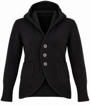 ICHI Women’s Black Hooded Knit Cardigan in UK Size M. Cosy button-front design with long sleeves, hood, ribbed detailing and front pockets.