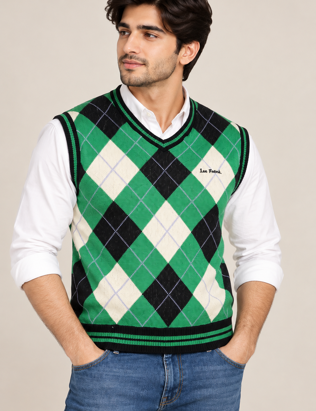 IETS FRANS Men’s Argyle Knitted Sweater Vest in UK Size L. Stylish green, black and cream V-neck sleeveless knit, ideal for smart-casual layering.