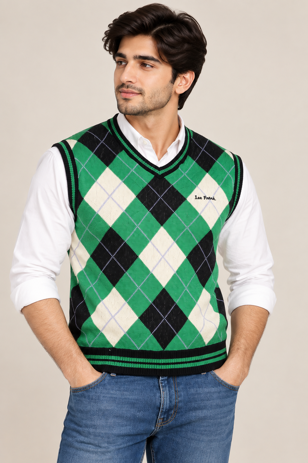 IETS FRANS Men’s Argyle Knitted Sweater Vest in UK Size L. Stylish green, black and cream V-neck sleeveless knit, ideal for smart-casual layering.