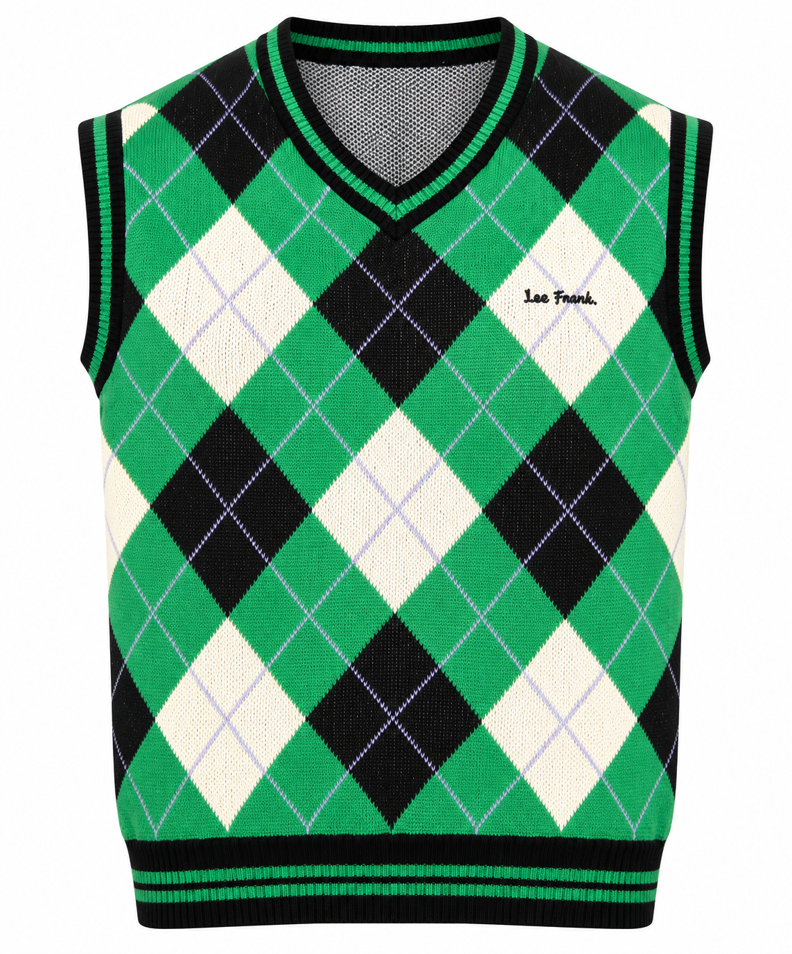 IETS FRANS Men’s Argyle Knitted Sweater Vest in UK Size L. Stylish green, black and cream V-neck sleeveless knit, ideal for smart-casual layering.