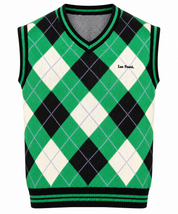 IETS FRANS Men’s Argyle Knitted Sweater Vest in UK Size L. Stylish green, black and cream V-neck sleeveless knit, ideal for smart-casual layering.