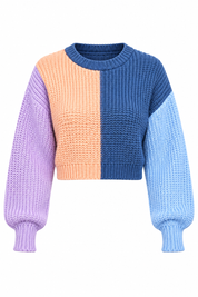   In The Style colour block cropped jumper in UK size 8, featuring peach and blue panels, pastel sleeves and a textured knit finish.