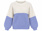 In The Style women’s cream & lilac blue colour block knitted jumper in UK Size L. Cosy relaxed fit with balloon sleeves, ideal for autumn and winter.