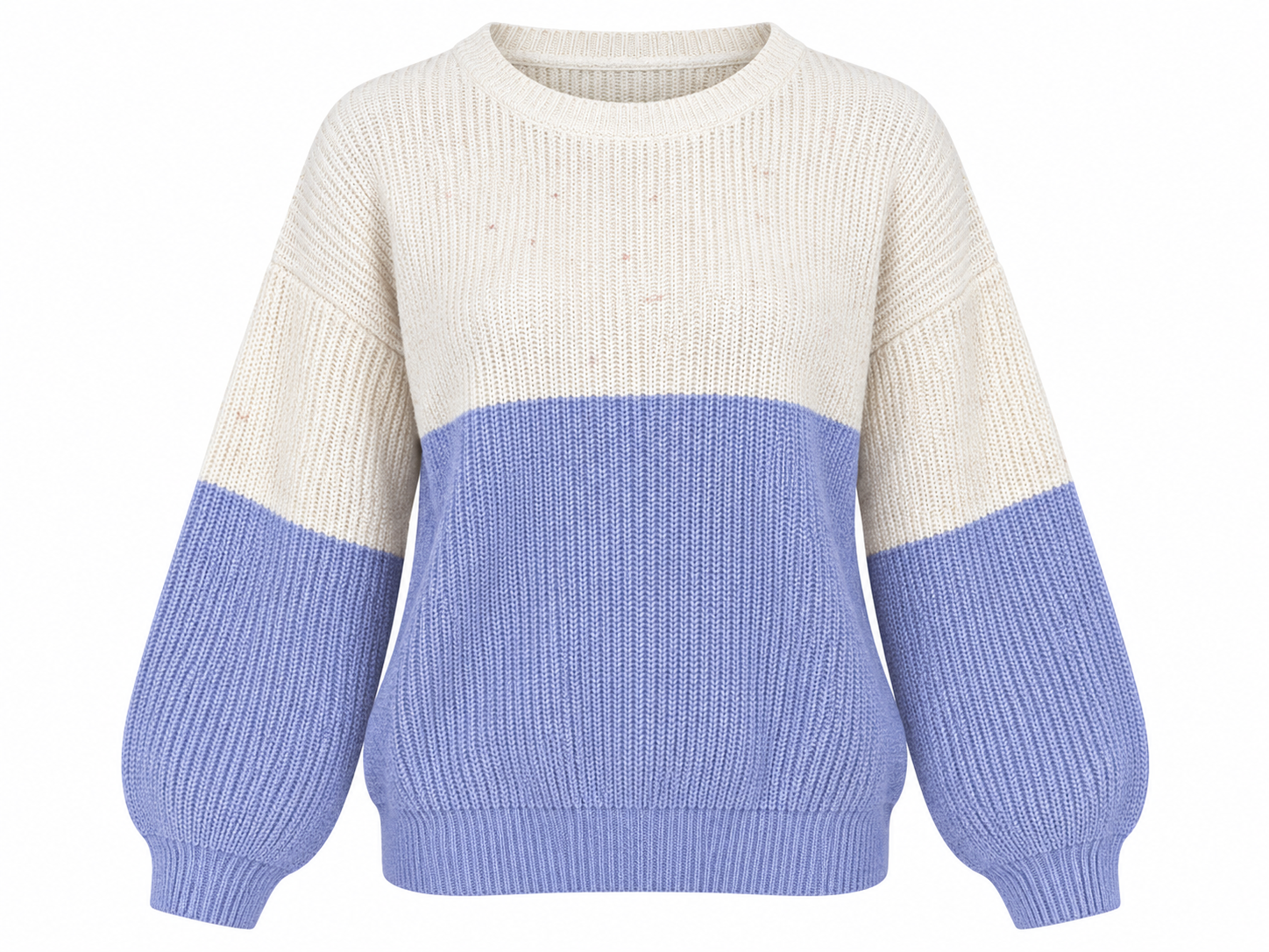  In The Style women’s cream & lilac blue colour block knitted jumper in UK Size L. Cosy relaxed fit with balloon sleeves, ideal for autumn and winter.