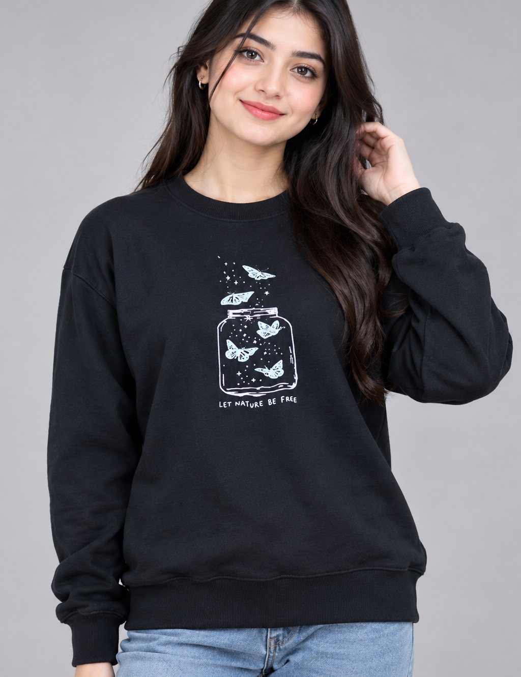 INFINITY Women’s Black Butterfly Graphic Sweatshirt, UK Size M. Crew neck, long sleeves and stylish “LET NATURE BE FREE” design for casual everyday wear.