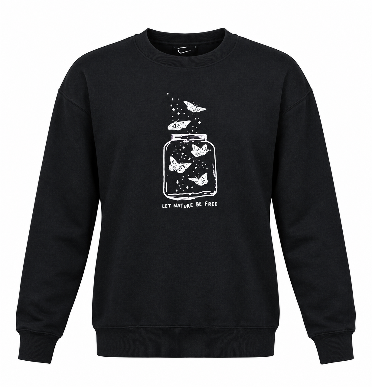 INFINITY Women’s Black Butterfly Graphic Sweatshirt, UK Size M. Crew neck, long sleeves and stylish “LET NATURE BE FREE” design for casual everyday wear.