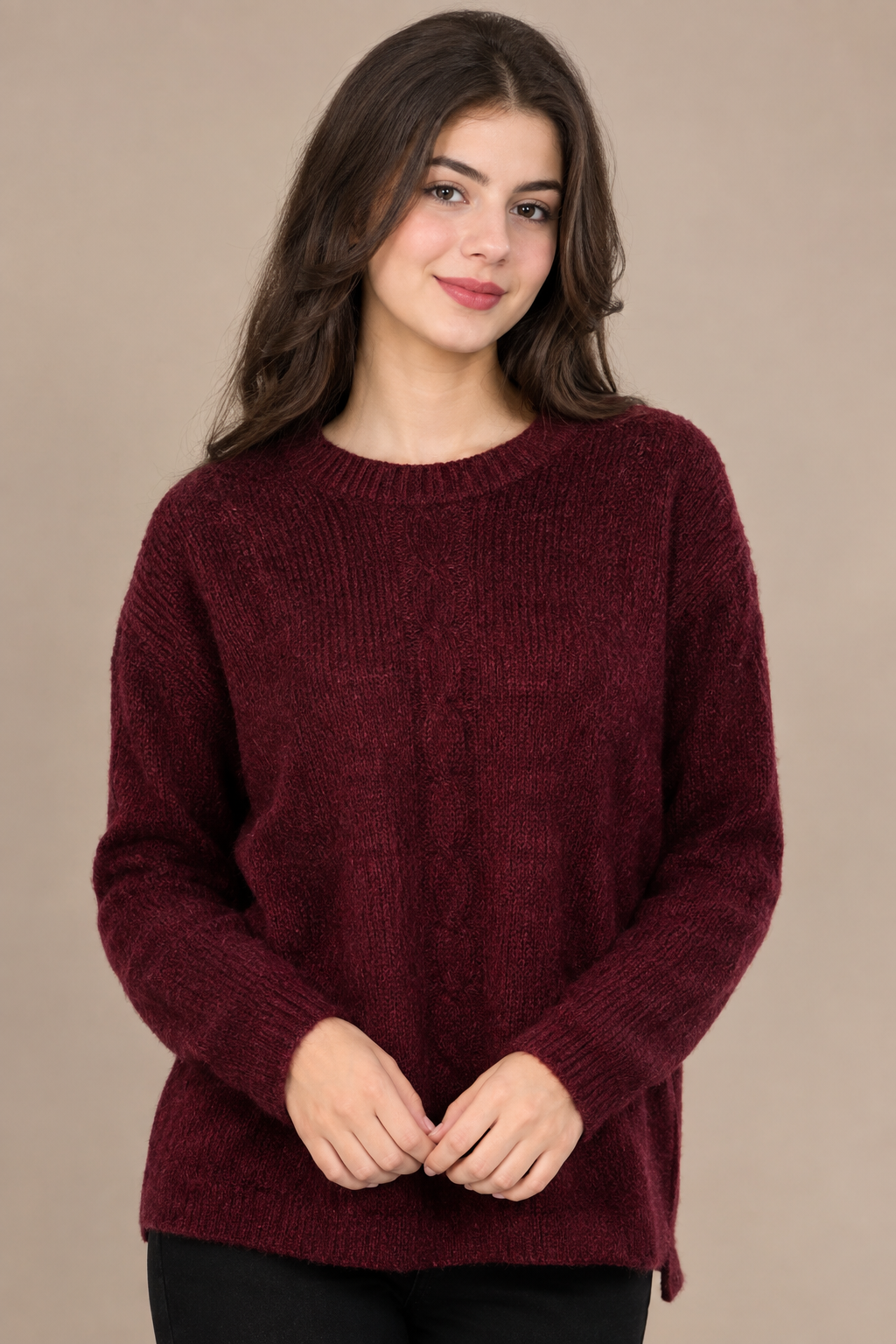INSTYLE women’s burgundy cable knit sweater in UK S/M. Stylish long-sleeve jumper with textured knit detail, perfect for cosy autumn and winter outfits.
