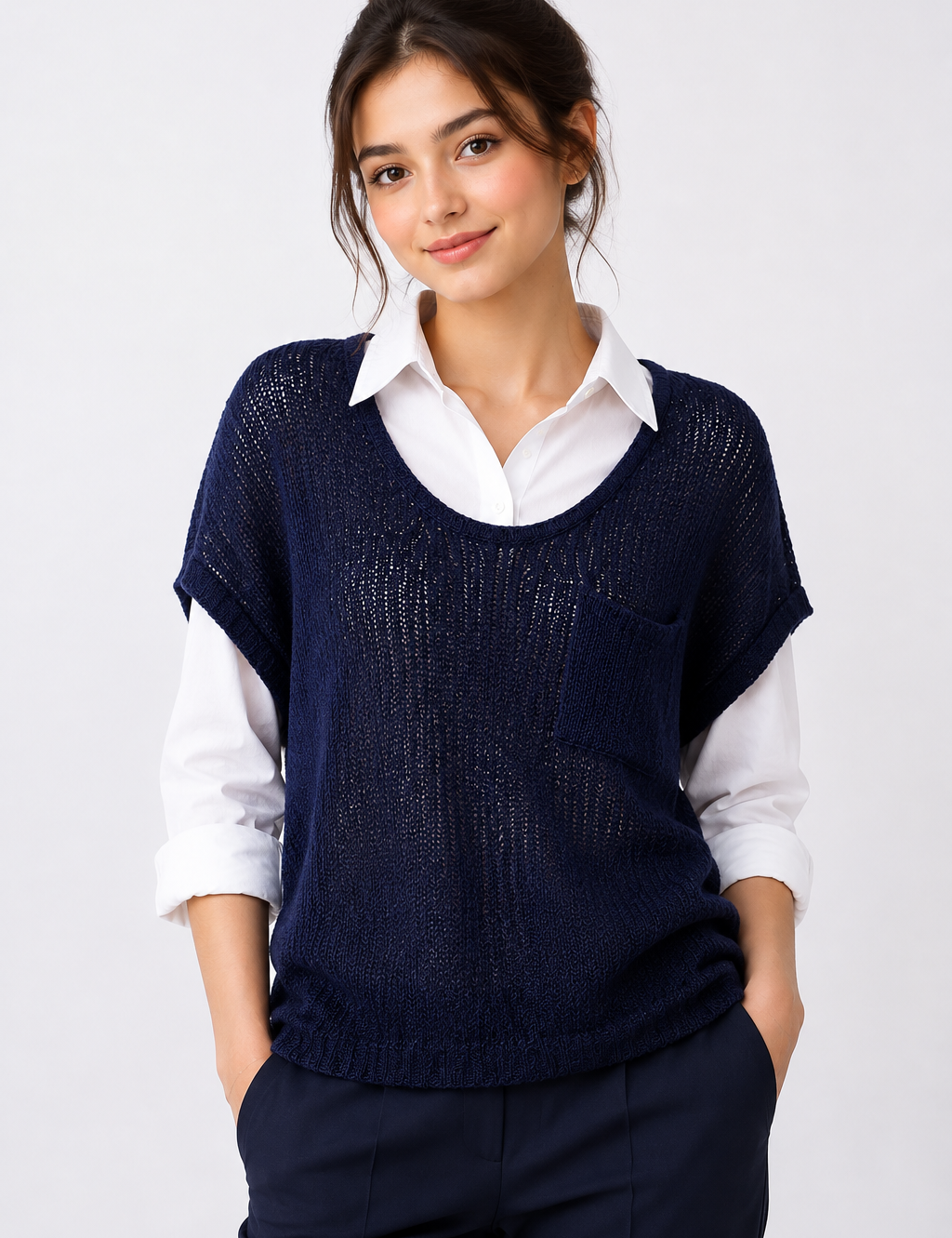 Intuition Collection navy blue knit sweater in UK Size 14. Relaxed fit, open-knit texture, short sleeves and front pocket, perfect for stylish layering.