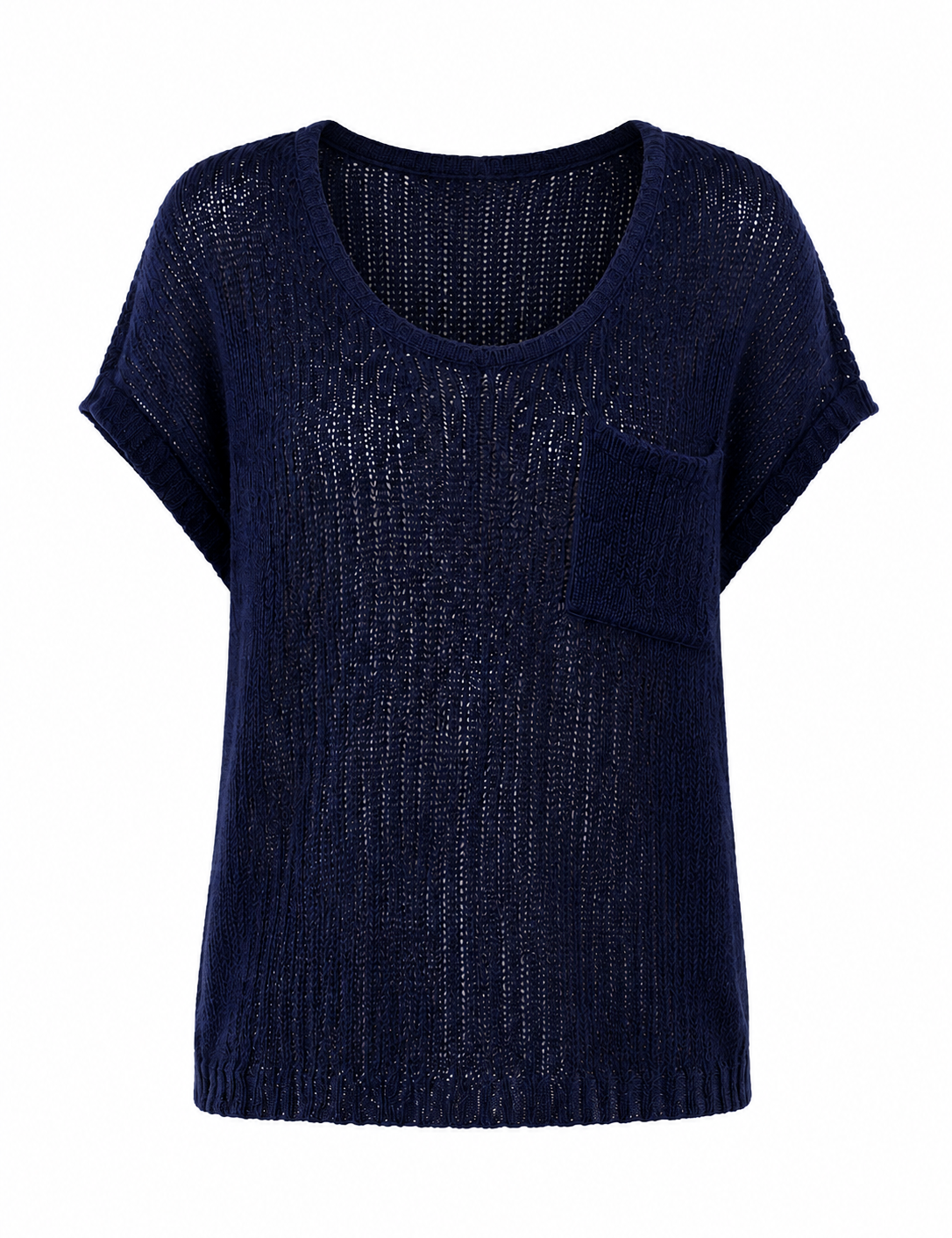 Intuition Collection navy blue knit sweater in UK Size 14. Relaxed fit, open-knit texture, short sleeves and front pocket, perfect for stylish layering.