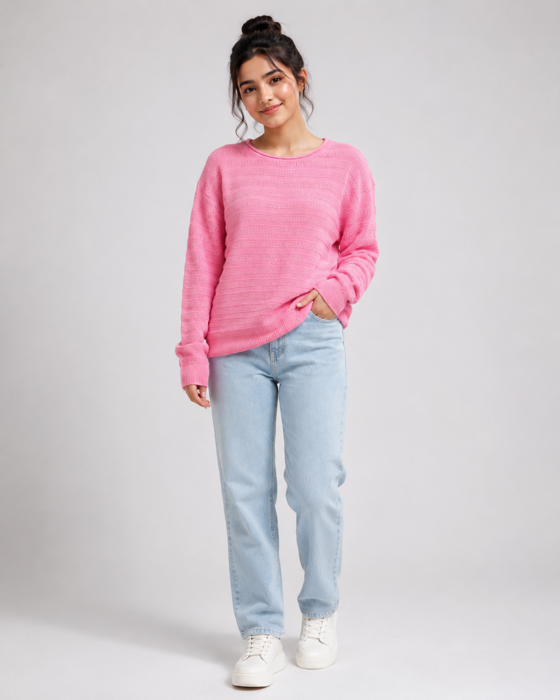 ISLE girls pink knitted jumper in UK Size S with a textured knit design, crew neck and long sleeves. A stylish and versatile choice for everyday wear.