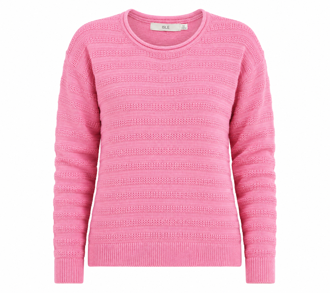 ISLE girls pink knitted jumper in UK Size S with a textured knit design, crew neck and long sleeves. A stylish and versatile choice for everyday wear.
