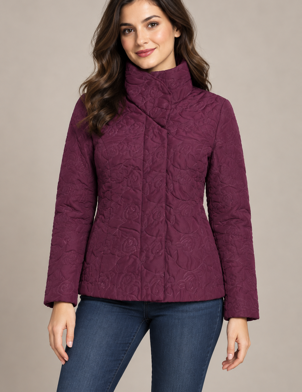   Isle burgundy floral quilted button jacket in UK size 10. Padded floral outerwear with a stand collar, long sleeves and fitted shape.
