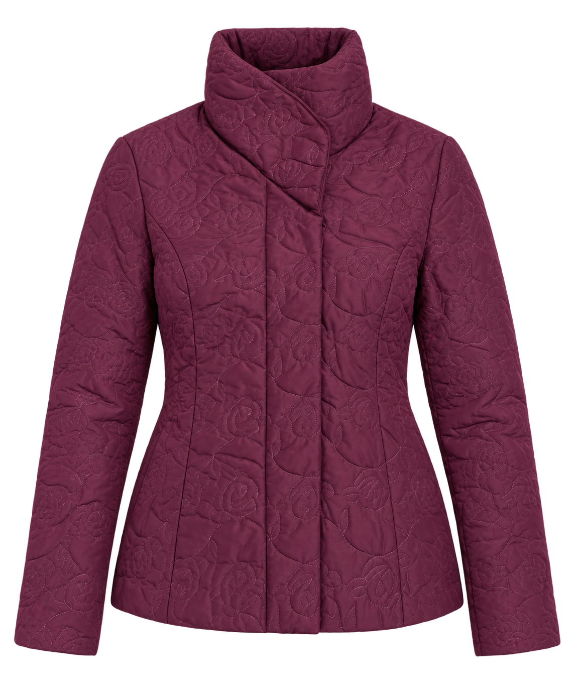   Isle burgundy floral quilted button jacket in UK size 10. Padded floral outerwear with a stand collar, long sleeves and fitted shape.