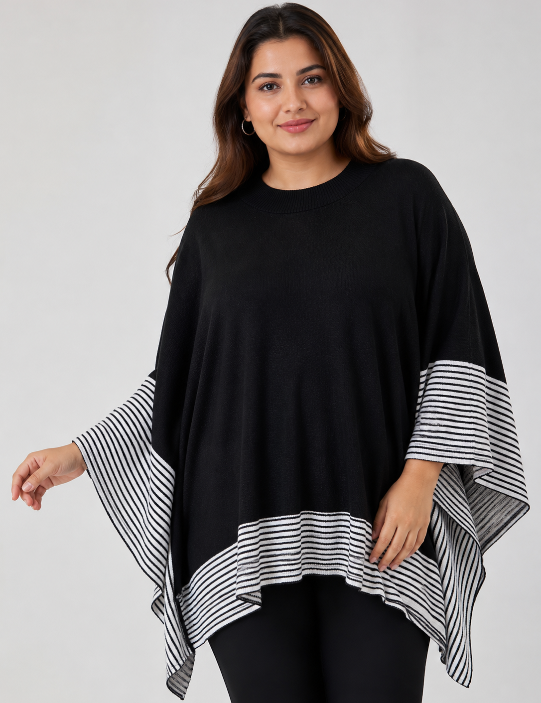 IZABEL LONDON black and white striped poncho knit sweater in UK Size 22. Relaxed fit, stylish asymmetric hem and comfortable everyday design.