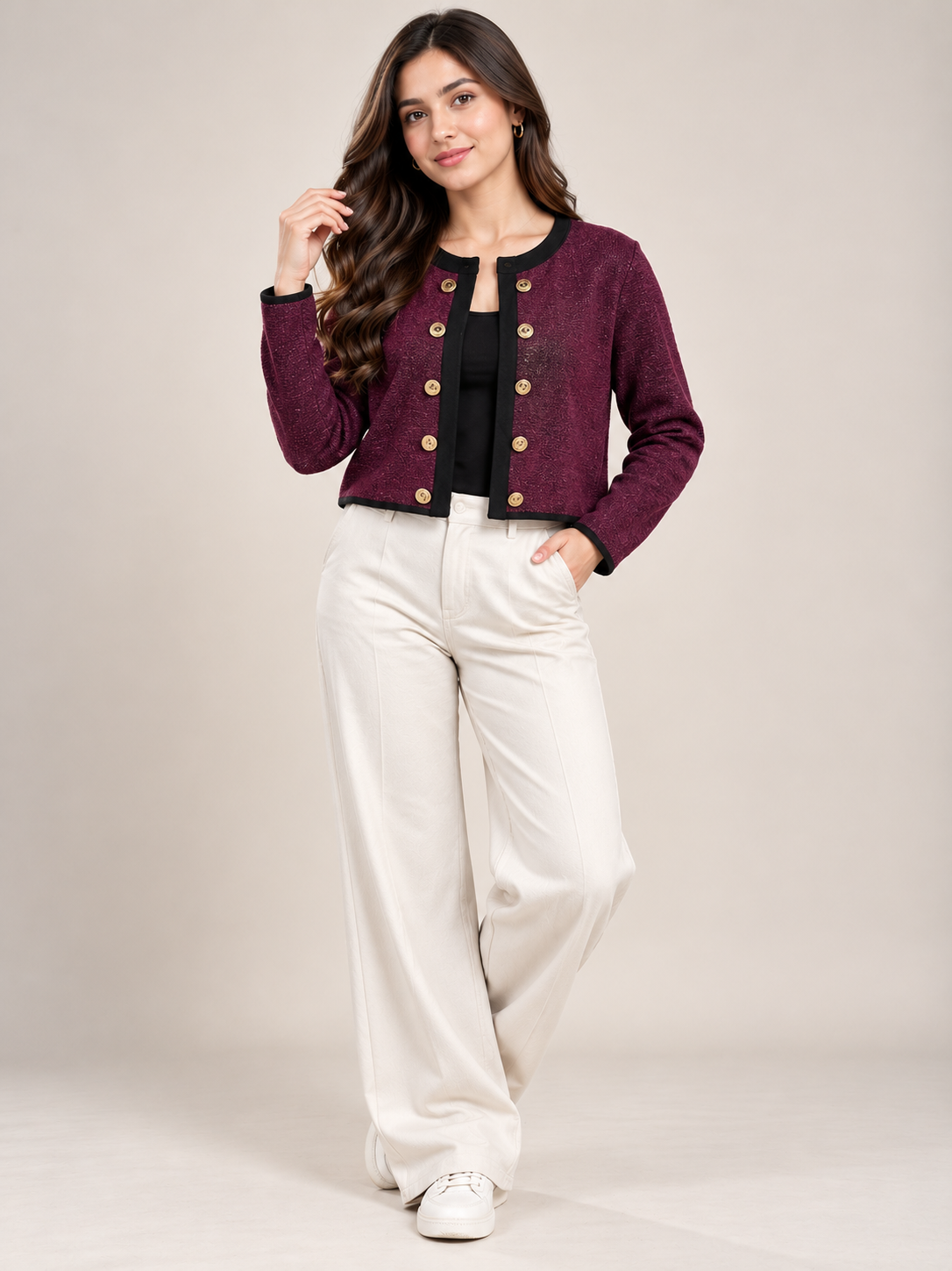 IZABEL LONDON Women's Purple Textured Cropped Jacket in UK Size L. Features elegant gold buttons, black contrast trim and a stylish cropped fit.