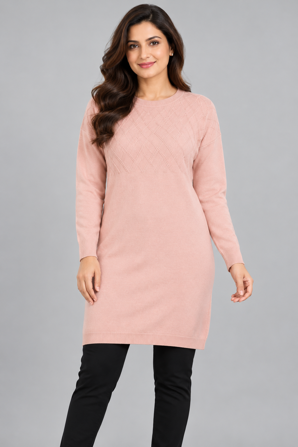   J.L.C.2 women’s blush pink knitted tunic in UK 3XL, featuring diamond chest detailing, long sleeves and a classic crew neckline.