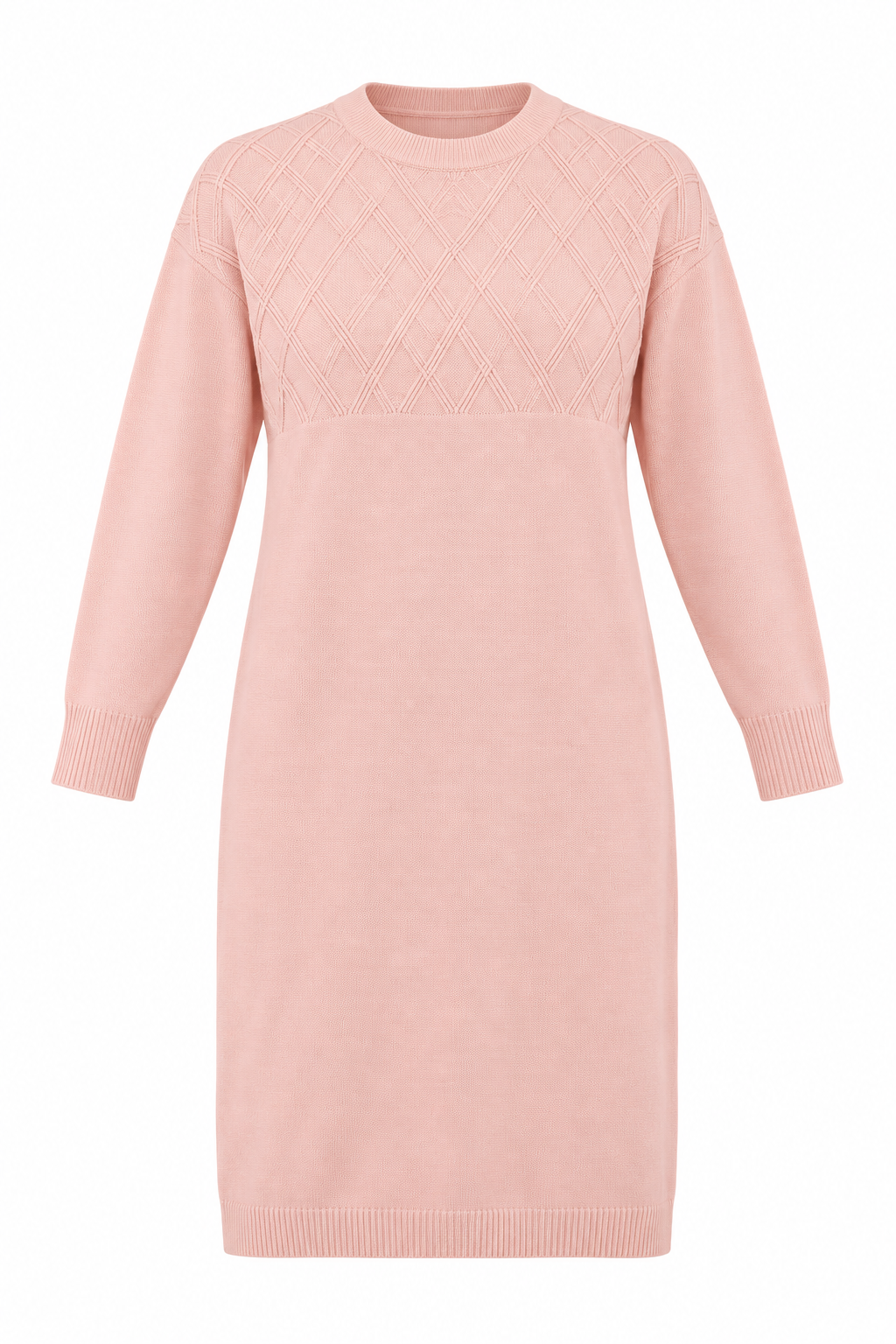   J.L.C.2 women’s blush pink knitted tunic in UK 3XL, featuring diamond chest detailing, long sleeves and a classic crew neckline.