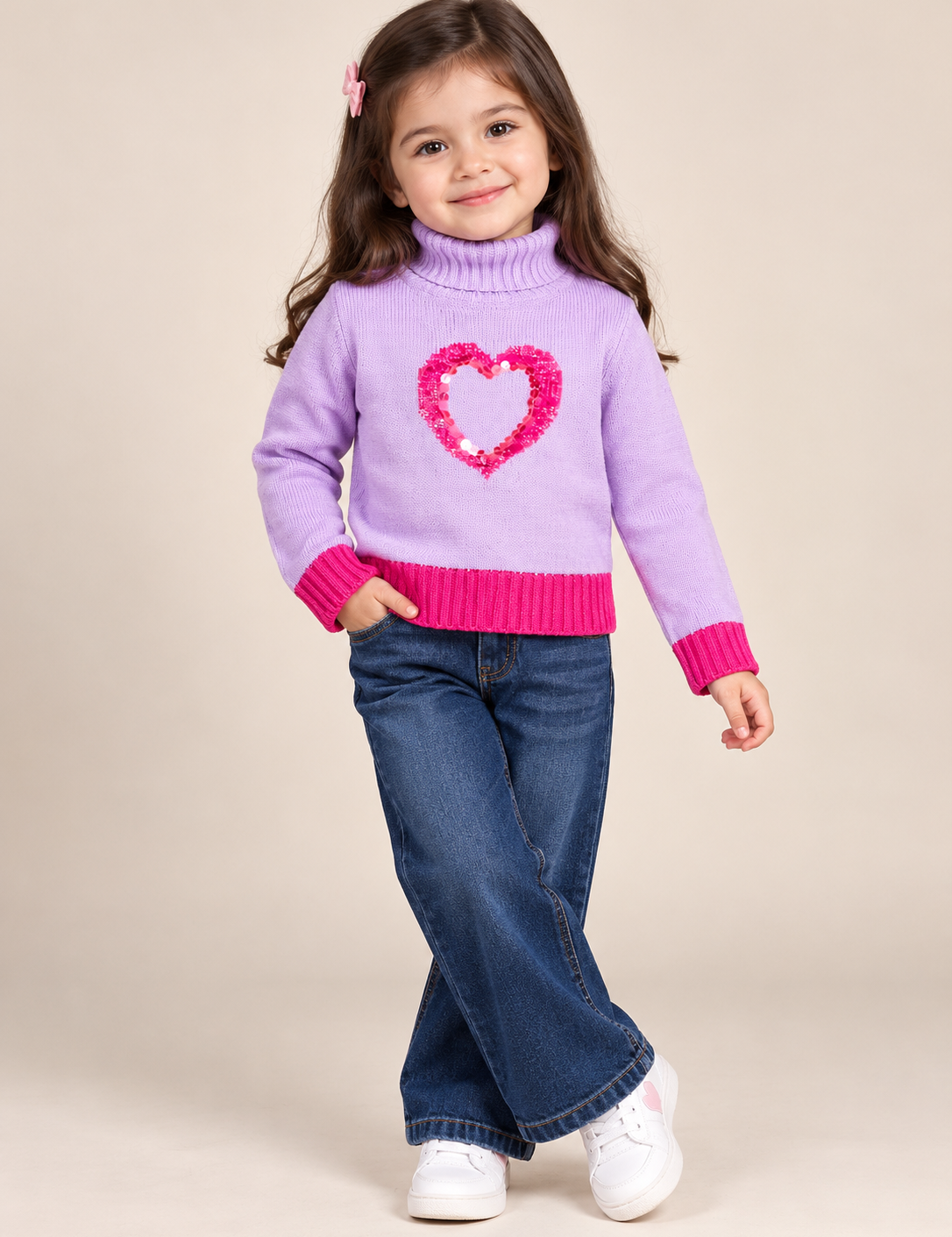  Jac Jnr girls lilac knitted roll neck jumper, UK age 3–4 years. Features a sparkling pink sequin heart and cosy ribbed trims. 5-star rated style.