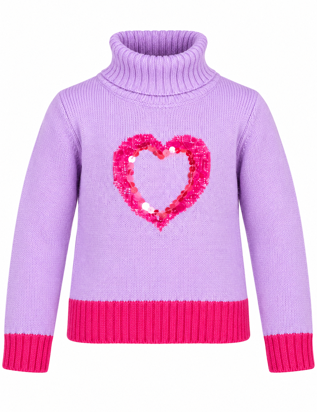  Jac Jnr girls lilac knitted roll neck jumper, UK age 3–4 years. Features a sparkling pink sequin heart and cosy ribbed trims. 5-star rated style.