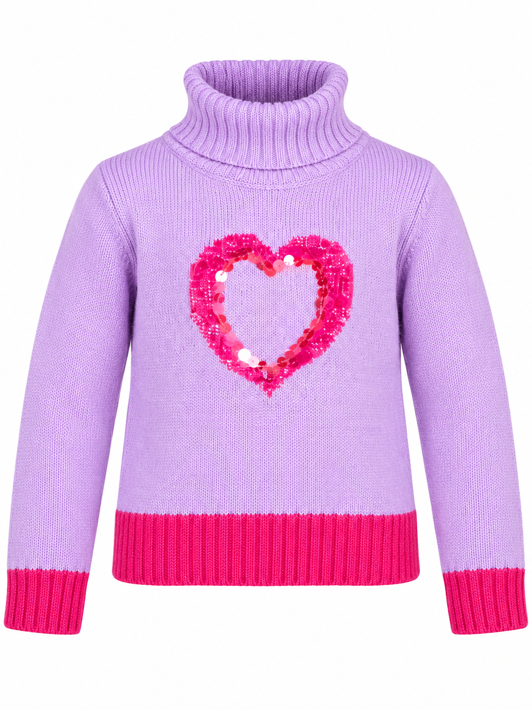  Jac Jnr girls lilac knitted roll neck jumper, UK age 3–4 years. Features a sparkling pink sequin heart and cosy ribbed trims. 5-star rated style.