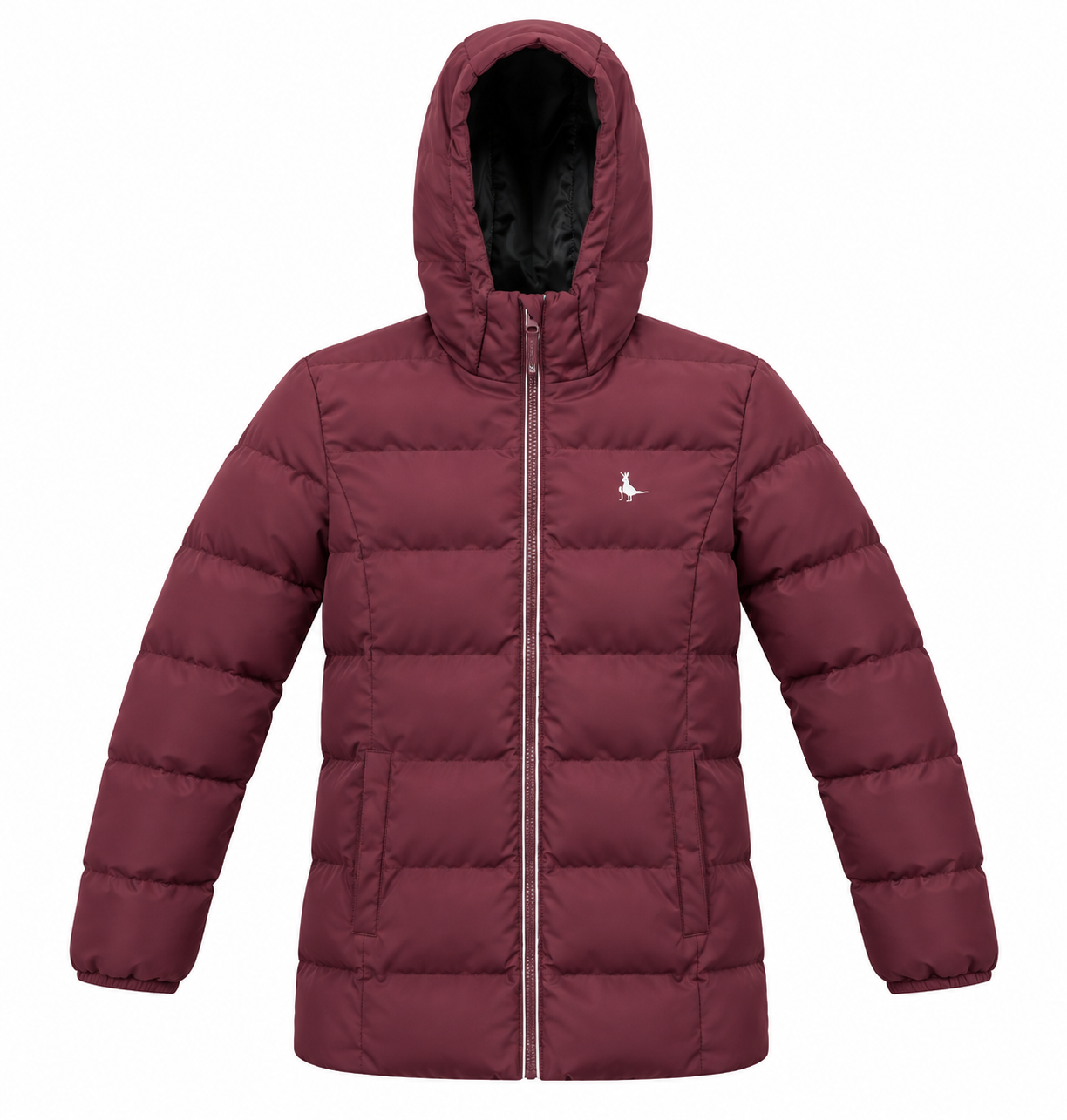  Jack Wills boys’ burgundy padded puffer jacket, UK size 5–6 years. Warm quilted design with hood, full zip and practical pockets, perfect for winter.