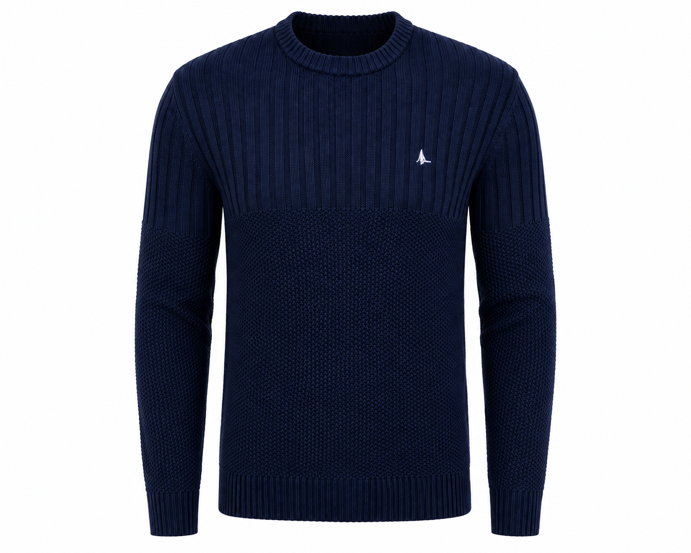  Jack Wills men’s navy blue textured knit crew neck sweater in UK Size S. A versatile long-sleeve design ideal for casual and smart-casual outfits.