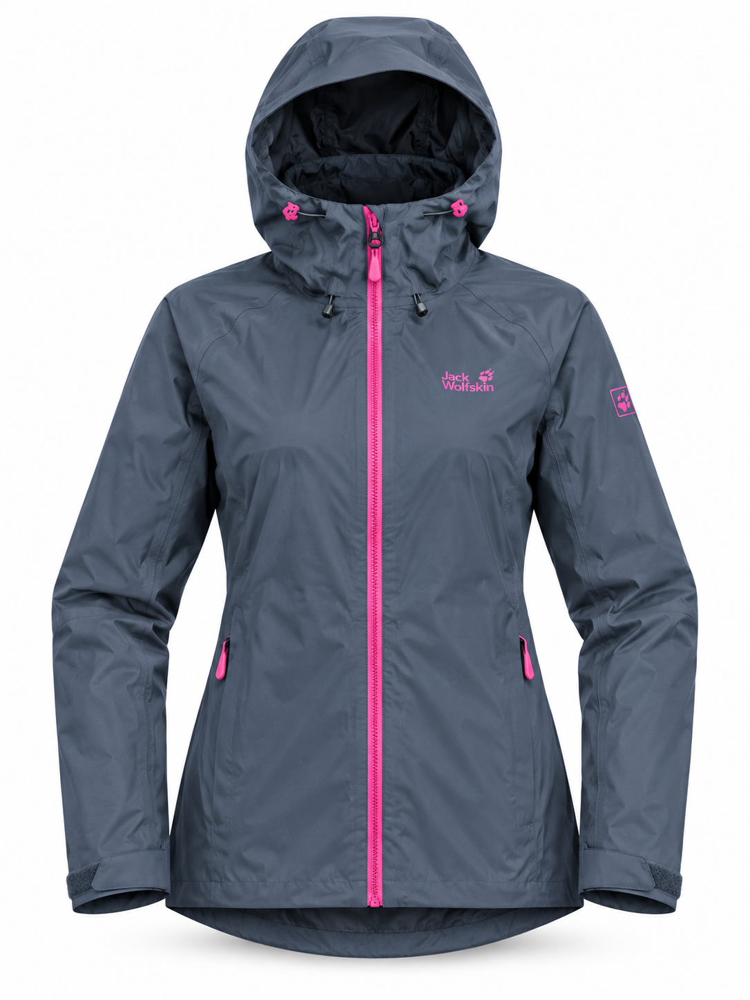 Jack Wolfskin women’s hooded jacket in UK S. Slate grey blue with pink zip details, adjustable cuffs and zipped pockets for casual styling.