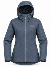 Jack Wolfskin women’s hooded jacket in UK S. Slate grey blue with pink zip details, adjustable cuffs and zipped pockets for casual styling.