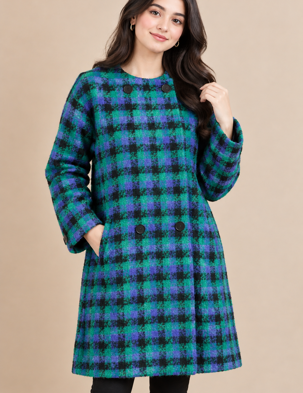 JAEGER women’s green and blue checked coat in UK size L. Stylish textured design with long sleeves and front pockets, ideal for winter and casual wear.

