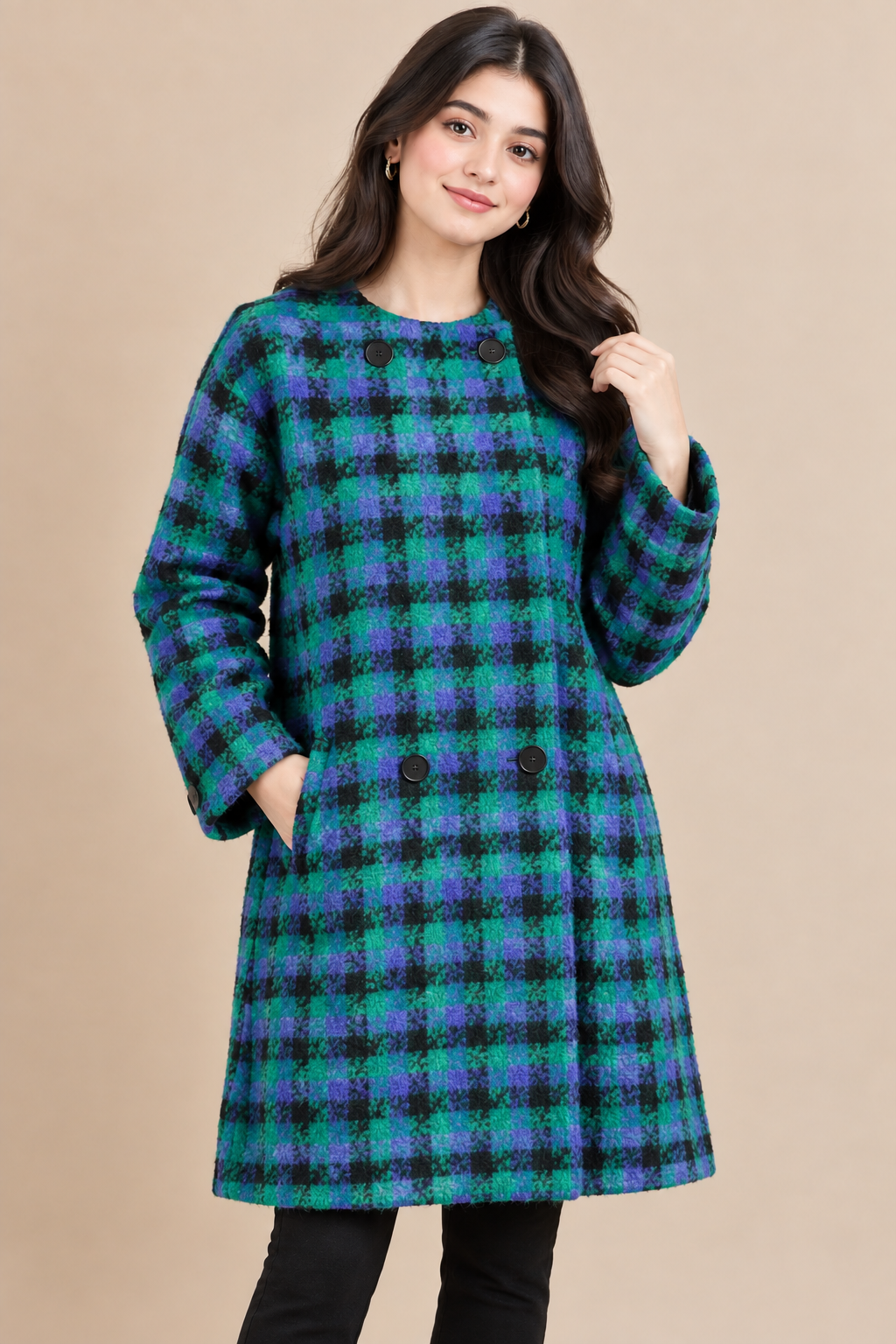 JAEGER women’s green and blue checked coat in UK size L. Stylish textured design with long sleeves and front pockets, ideal for winter and casual wear.

