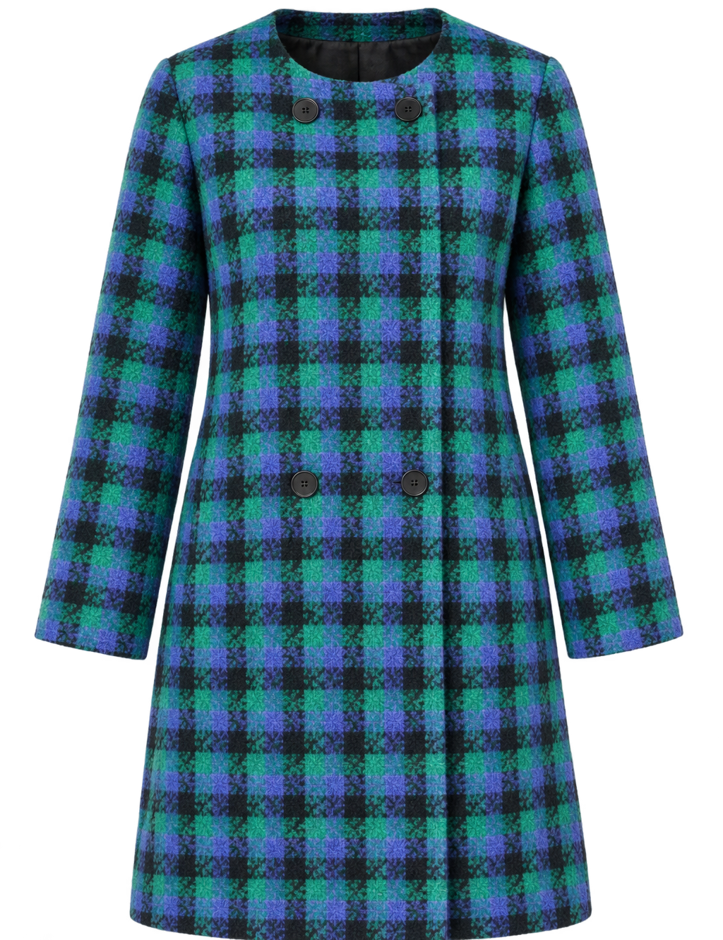 JAEGER women’s green and blue checked coat in UK size L. Stylish textured design with long sleeves and front pockets, ideal for winter and casual wear.

