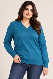  James Pringle Women's Teal Blue V-Neck Knit Sweater in UK Size XL. Stylish long-sleeve pullover, perfect for casual wear and winter layering.