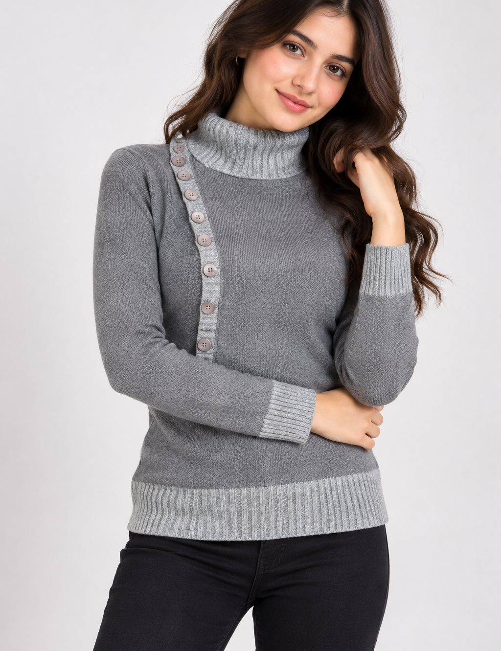 Jane Norman women’s grey roll neck jumper in UK Size L. Stylish button detail, long sleeves and cosy ribbed finish. 4-star rated customer return.