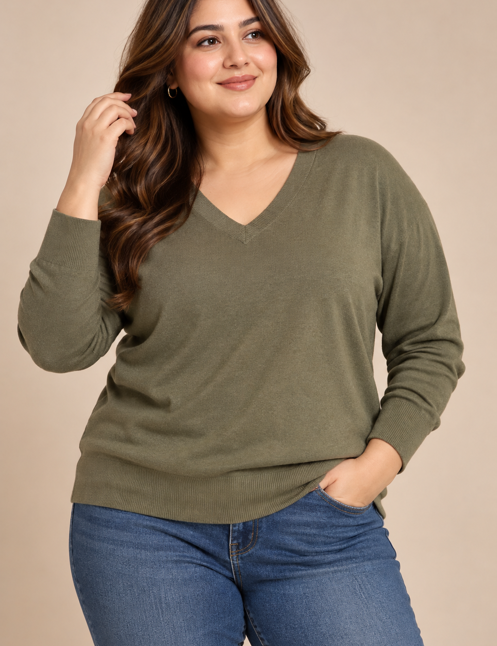  Janique women’s olive green V-neck knit jumper in UK Size 24. Comfortable plus-size long-sleeve pullover, ideal for casual wear and layering.