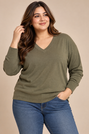  Janique women’s olive green V-neck knit jumper in UK Size 24. Comfortable plus-size long-sleeve pullover, ideal for casual wear and layering.
